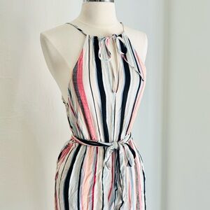 Striped Keyhole Halter Style Wide Leg Rayon Jumpsuit with Waist Tie